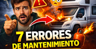 Miniatura estilo YouTube: hombre sorprendido señalando una camper con fuego, triángulo de alerta, emoji de susto y texto “7 ERRORES DE MANTENIMIENTO”