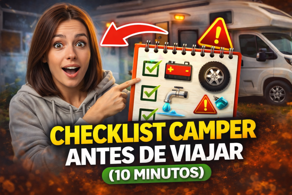 Miniatura estilo YouTube: chica señalando un cuaderno de checklist con iconos de batería, rueda y grifo, con una camper de fondo y texto “Checklist camper antes de viajar (10 minutos)