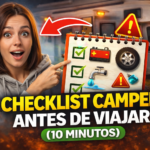 Miniatura estilo YouTube: chica señalando un cuaderno de checklist con iconos de batería, rueda y grifo, con una camper de fondo y texto “Checklist camper antes de viajar (10 minutos)
