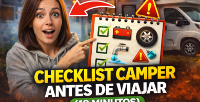 Miniatura estilo YouTube: chica señalando un cuaderno de checklist con iconos de batería, rueda y grifo, con una camper de fondo y texto “Checklist camper antes de viajar (10 minutos)
