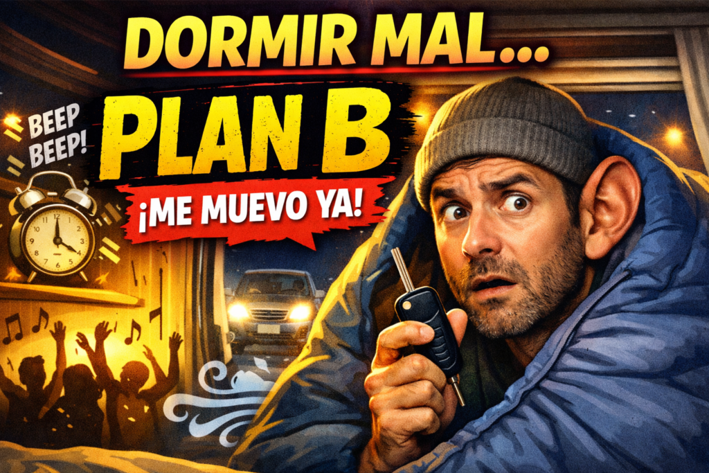 Miniatura estilo YouTube: hombre dentro de una camper de noche, con cara de susto y la llave en la mano, preparado para moverse por ruido exterior; incluye elementos humorísticos como despertador sonando, fiesta y coche al fondo.