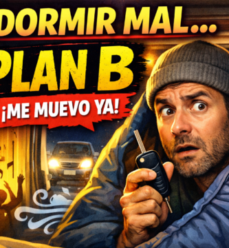 Miniatura estilo YouTube: hombre dentro de una camper de noche, con cara de susto y la llave en la mano, preparado para moverse por ruido exterior; incluye elementos humorísticos como despertador sonando, fiesta y coche al fondo.