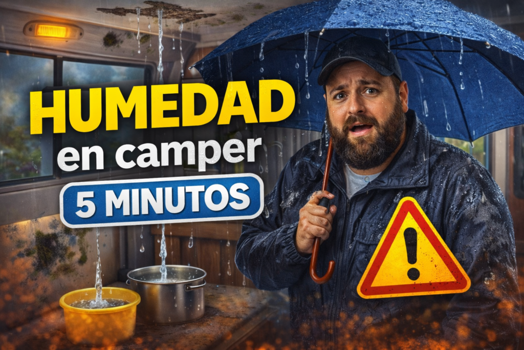 Miniatura estilo YouTube: texto “Humedad en camper” y “5 minutos”, gotas y manchas de moho, camper al fondo y triángulo de alerta.