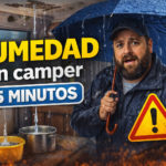 Miniatura estilo YouTube: texto “Humedad en camper” y “5 minutos”, gotas y manchas de moho, camper al fondo y triángulo de alerta.