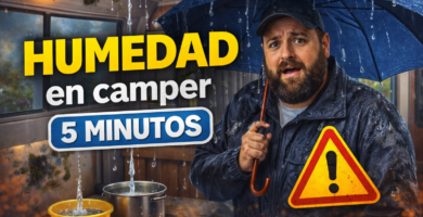 Miniatura estilo YouTube: texto “Humedad en camper” y “5 minutos”, gotas y manchas de moho, camper al fondo y triángulo de alerta.