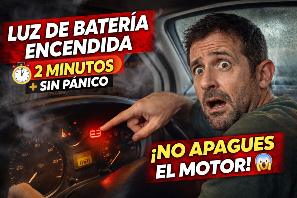Miniatura estilo YouTube: conductor sorprendido dentro de una camper señalando la luz roja de batería encendida en el cuadro, con humo dramático y texto “2 minutos sin pánico” y “No apagues el motor”.