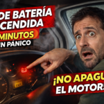 Miniatura estilo YouTube: conductor sorprendido dentro de una camper señalando la luz roja de batería encendida en el cuadro, con humo dramático y texto “2 minutos sin pánico” y “No apagues el motor”.