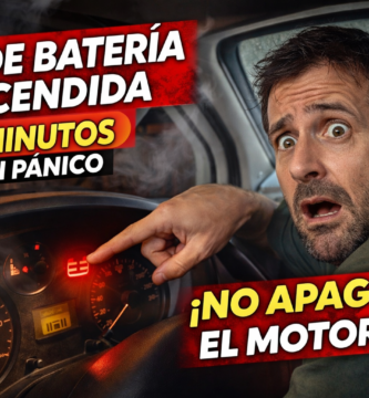 Miniatura estilo YouTube: conductor sorprendido dentro de una camper señalando la luz roja de batería encendida en el cuadro, con humo dramático y texto “2 minutos sin pánico” y “No apagues el motor”.