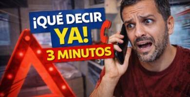 Miniatura estilo YouTube: persona en camper al teléfono con señal de emergencia y texto “Qué decir” y “3 min”.
