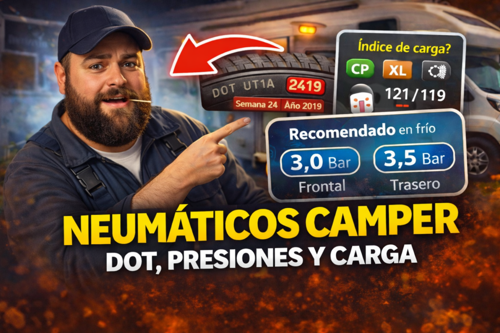Miniatura estilo YouTube: mecánico barbudo con gorra y palillo señalando el código DOT de un neumático, con paneles de presiones en frío e índice de carga, y una camper de fondo.