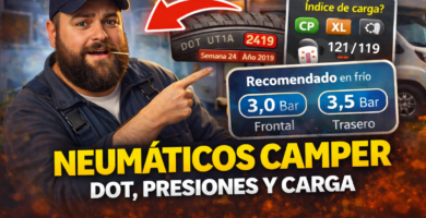 Miniatura estilo YouTube: mecánico barbudo con gorra y palillo señalando el código DOT de un neumático, con paneles de presiones en frío e índice de carga, y una camper de fondo.