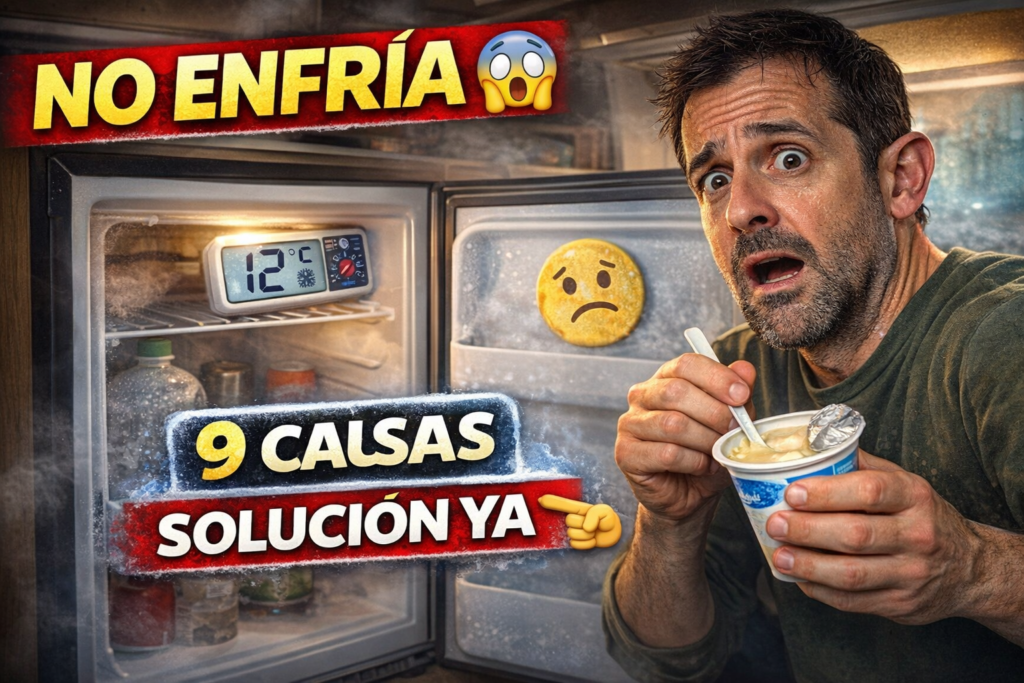 Miniatura estilo YouTube: persona sorprendida dentro de una furgoneta camper sosteniendo un yogur templado frente a una nevera que no enfría, con un termómetro marcando temperatura alta y gesto de alarma, representando la guía para solucionar cuando la nevera enfría poco.