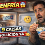 Miniatura estilo YouTube: persona sorprendida dentro de una furgoneta camper sosteniendo un yogur templado frente a una nevera que no enfría, con un termómetro marcando temperatura alta y gesto de alarma, representando la guía para solucionar cuando la nevera enfría poco.