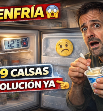 Miniatura estilo YouTube: persona sorprendida dentro de una furgoneta camper sosteniendo un yogur templado frente a una nevera que no enfría, con un termómetro marcando temperatura alta y gesto de alarma, representando la guía para solucionar cuando la nevera enfría poco.