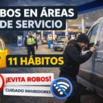 Miniatura estilo YouTube: camper en área de servicio con alerta de robo y texto “11 hábitos anti-robo
