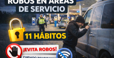 Miniatura estilo YouTube: camper en área de servicio con alerta de robo y texto “11 hábitos anti-robo