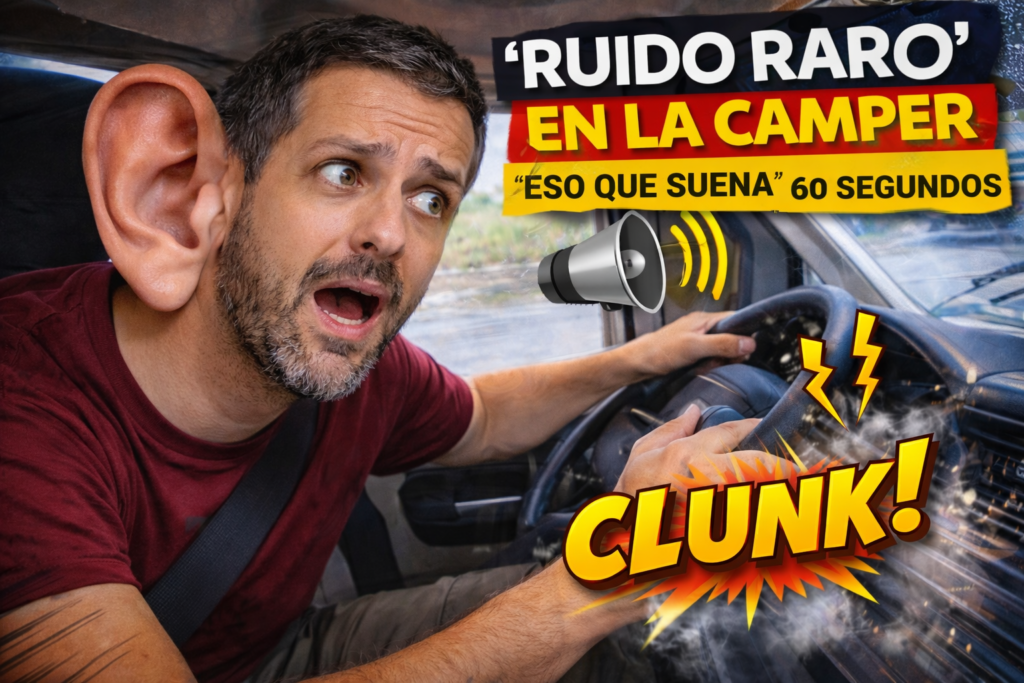 Miniatura estilo YouTube: conductor en camper con cara de susto escuchando un ruido, con icono de altavoz y coche vibrando.