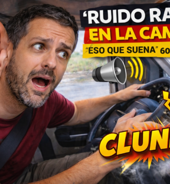 Miniatura estilo YouTube: conductor en camper con cara de susto escuchando un ruido, con icono de altavoz y coche vibrando.