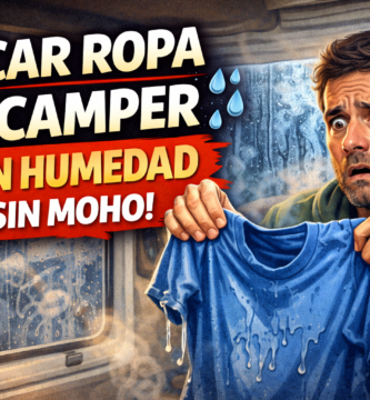 Miniatura estilo YouTube: persona dentro de una furgoneta camper intentando secar ropa mojada, con cristales empañados por la humedad, una camiseta chorreando y expresión de humor/estrés, mostrando el problema de secar ropa sin moho.