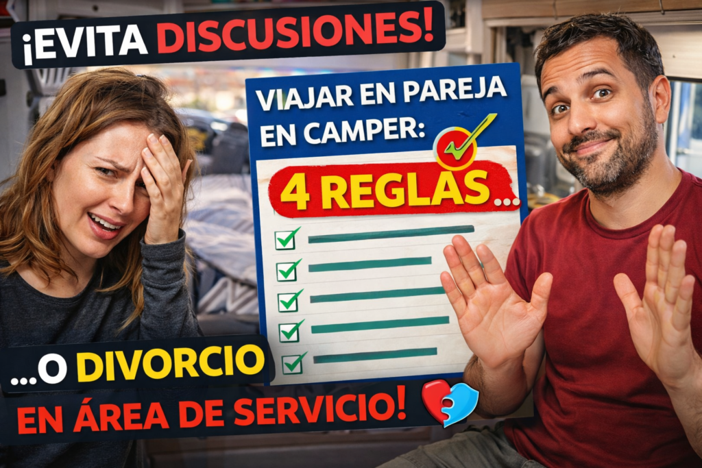 Miniatura estilo YouTube: pareja en camper con checklist “4 reglas” y gesto de “calma”, enfoque humorístico sobre evitar discusiones.