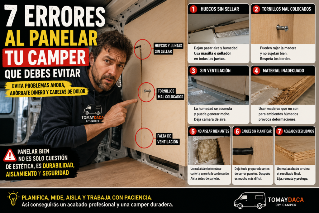 Infografía sobre los errores más comunes al panelar una furgoneta camper, incluyendo huecos sin sellar, tornillos mal colocados, falta de ventilación, materiales inadecuados y problemas de aislamiento.