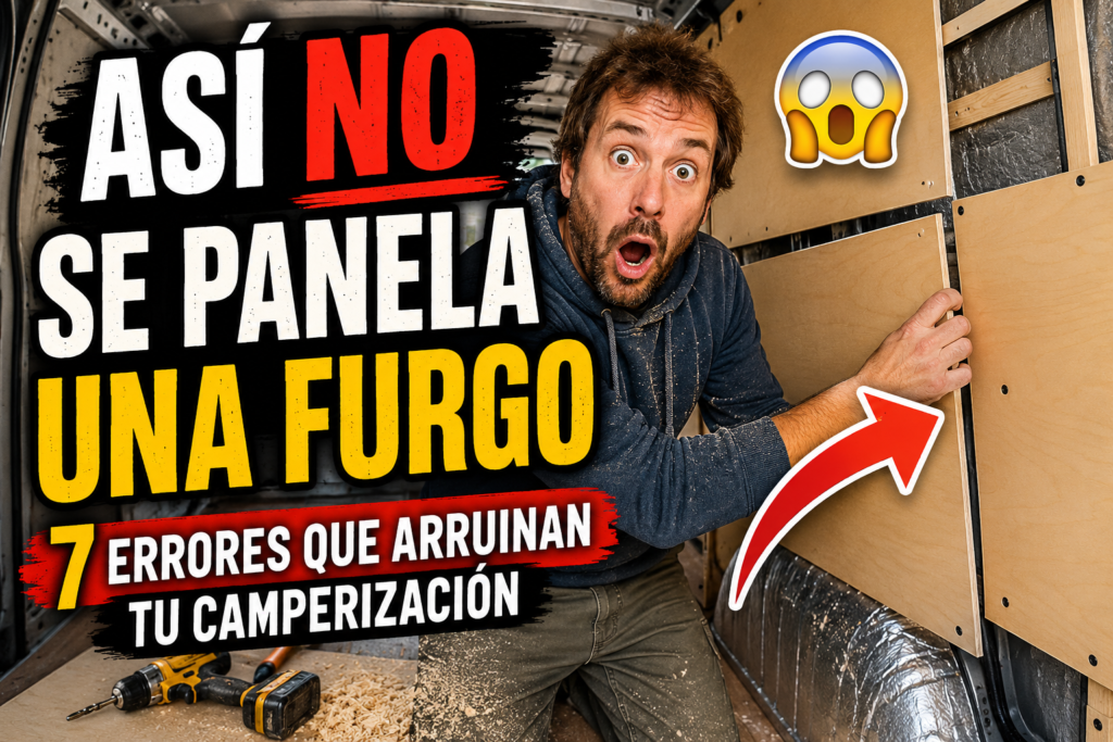 Miniatura estilo YouTube mostrando a un camperista sorprendido durante el panelado de una furgoneta camper, señalando errores comunes de instalación de paneles de madera y explicando cómo panelar una camper paso a paso.