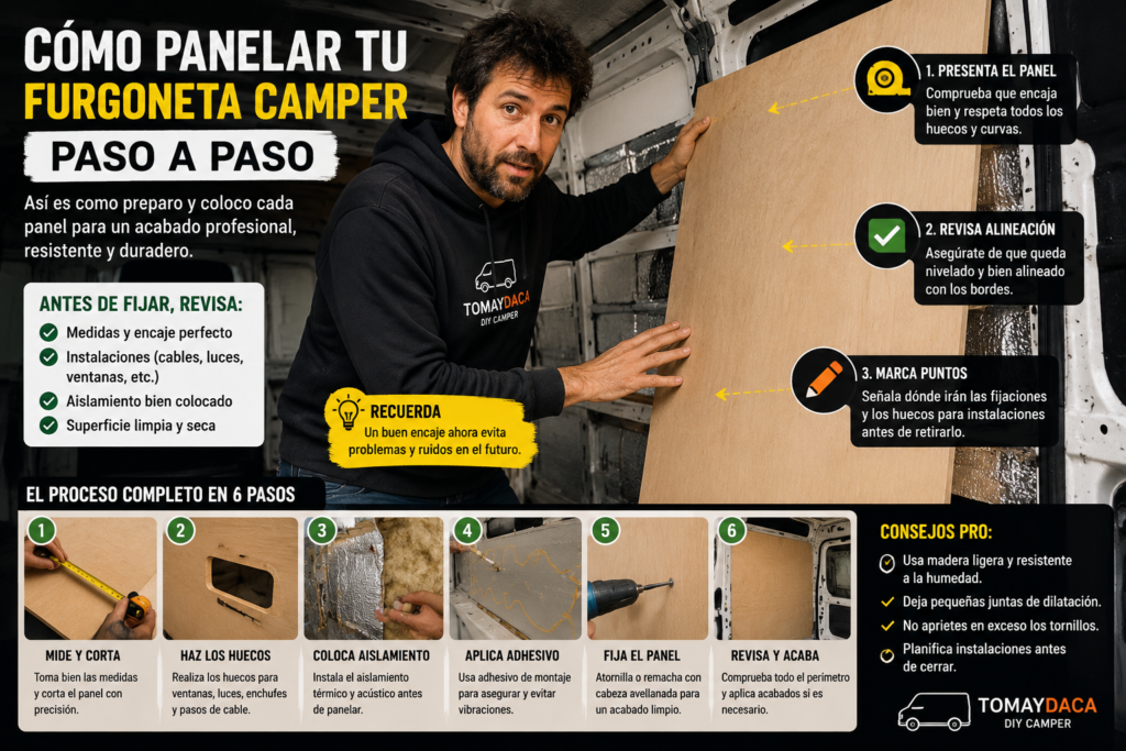 Guía visual paso a paso para panelar una furgoneta camper mostrando la presentación de paneles de madera, alineación, aislamiento, fijación y consejos para conseguir un acabado profesional.