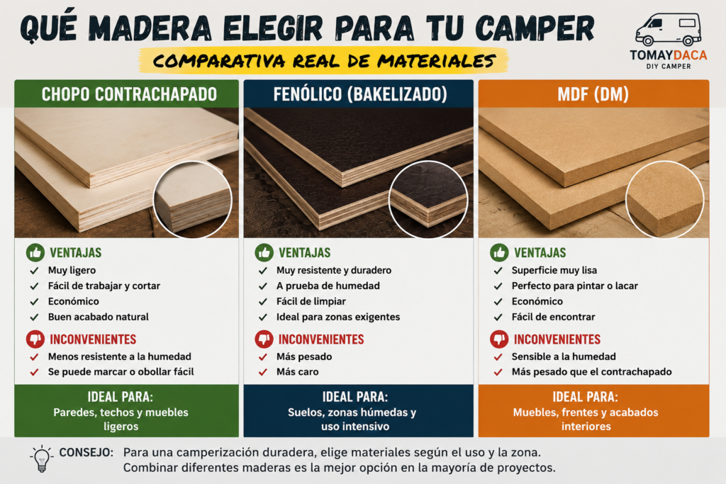 Comparativa de maderas para panelar una furgoneta camper mostrando contrachapado de chopo, tablero fenólico y MDF con ventajas, inconvenientes y usos recomendados para camperización.